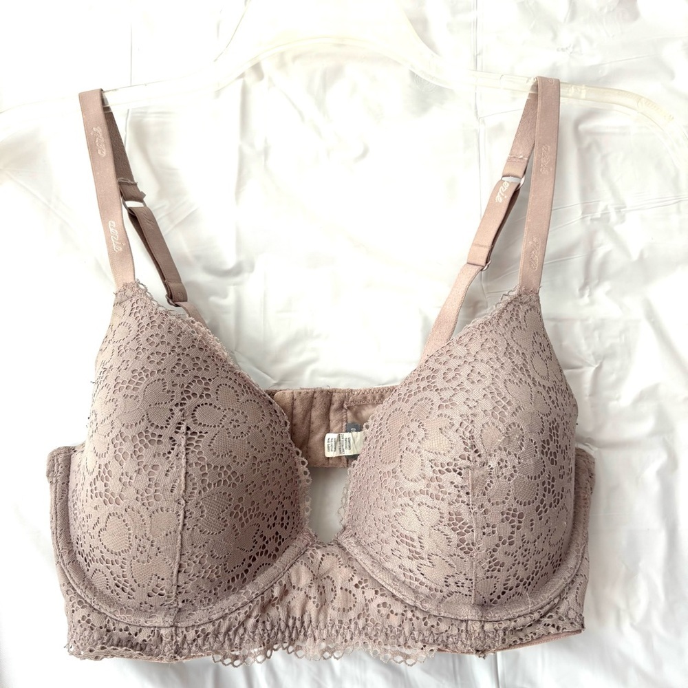 Aerie Rose Pink Lace Plunge Push-Up Bra SZ 36D Worn